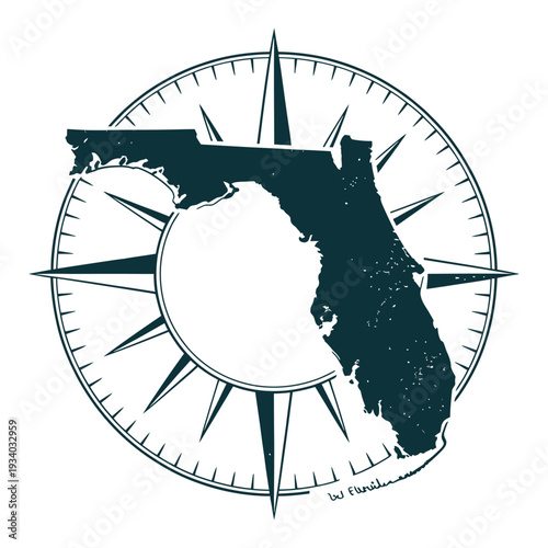 A stylized compass design featuring the silhouette of the state of florida