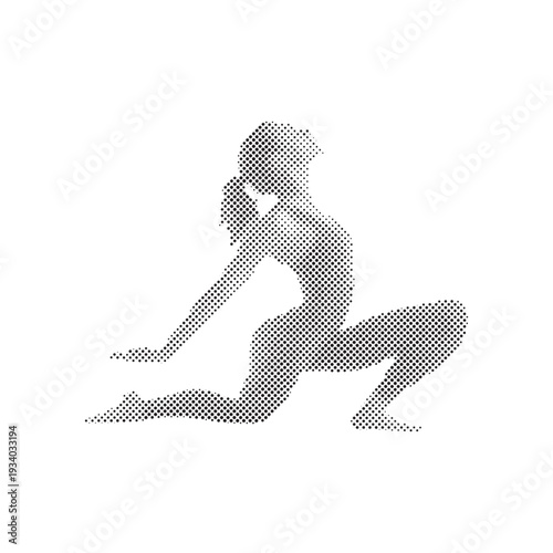 Woman in yoga pose, line art illustration in halftone dot style, representing fitness and wellness