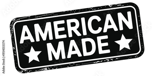 A black and white stamp displays the words american made with stars