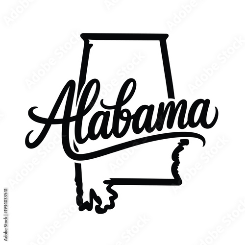 Stylized illustration of the word alabama with a state outline
