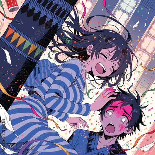 Vector illustration of two excited teenagers celebrating