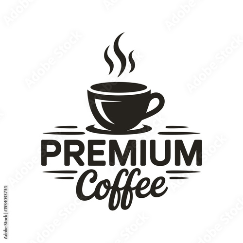 A black and white logo depicting a cup of coffee with steam and text