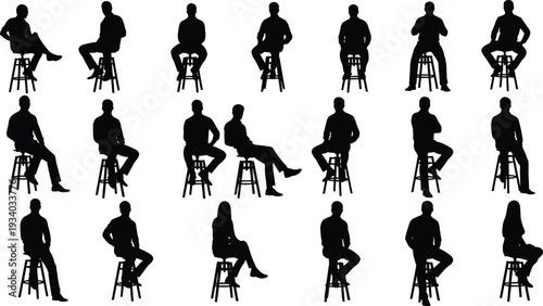 Seated Men and Women Silhouette Collection on Bar Stools with Various Sitting Poses Isolated on White Background for Interview and Studio Design Use