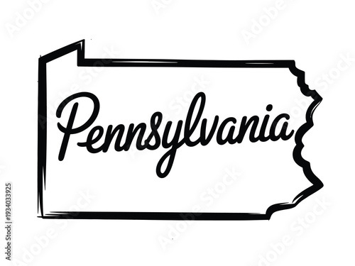 A black and white illustration featuring the name pennsylvania within a state outline