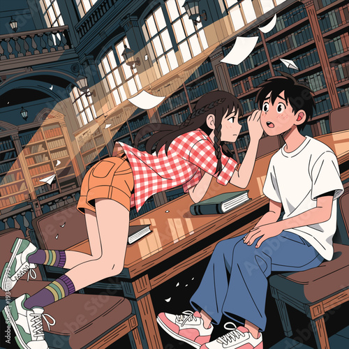 Vector illustration of teenage students gossiping in library