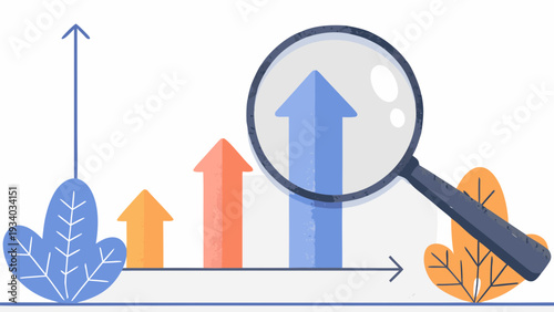 Magnifying glass zooms in on upward trend graph with colorful arrows