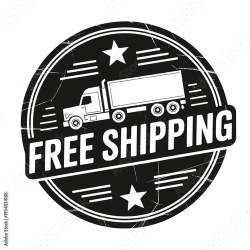 A vintage style circular seal featuring a delivery truck and free shipping text