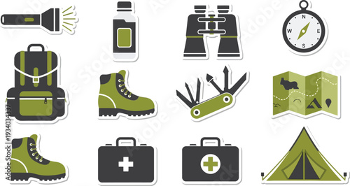 Essential outdoor survival gear includes boots, first aid kits,.