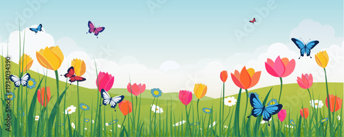 Spring meadow vector illustration with colorful tulips, wildflowers and flying butterflies over green rolling hills under soft cloudy sky.