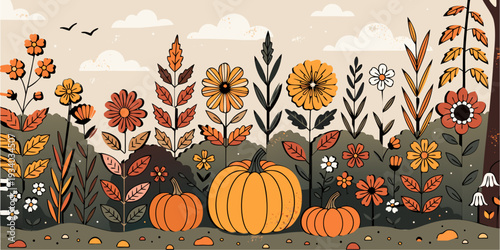 Autumn cutest card or poster for the autumn holiday with wildflowers, Narcissus flower, Crocus flowers. Hand drawn crayon Floral art2