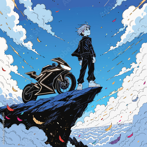Vector illustration of a man standing on a cliff with a motorcycle