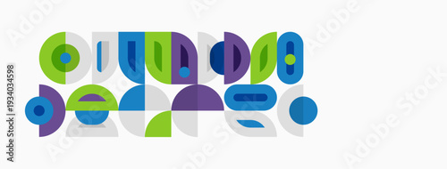 Abstract geometric pattern. Shapes overlap, creating playful composition. Colors include green, purple, blue tones. Modern design element.