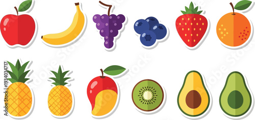 Assorted colorful fruit stickers display healthy eating choices for diet.