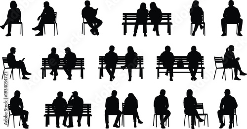 Seated People Silhouette Collection on Chairs and Benches with Various Conversation and Waiting Poses Isolated on White Background for Urban Lifestyle Design
