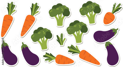 Assorted vegetable stickers featuring carrots, broccoli, and purple.