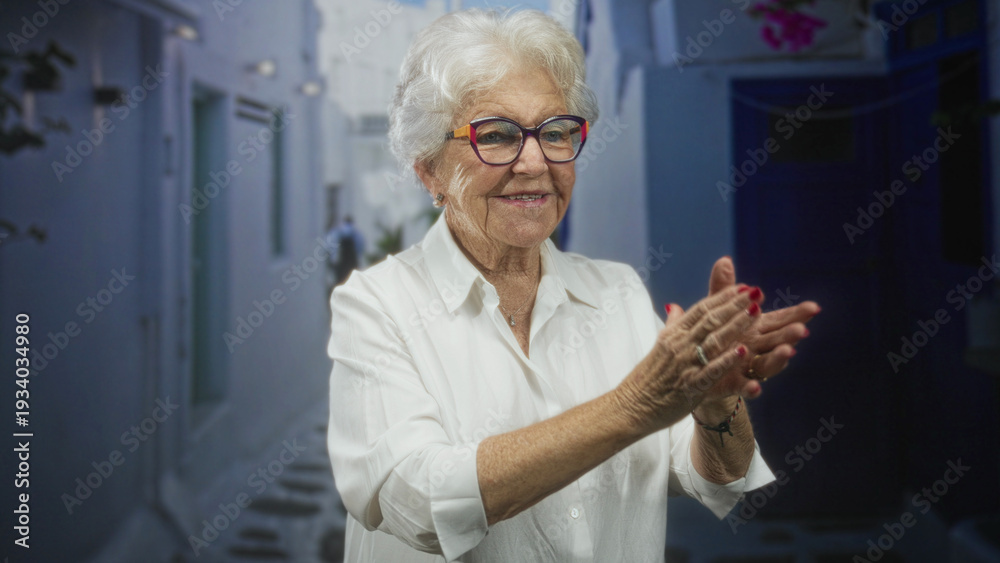 Fototapeta premium Elderly woman clapping hands in a sunlit narrow street wearing white shirt and colorful glasses; warm celebration joy.