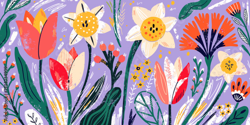 Spring cutest card or poster for the spring holiday with wildflowers, Narcissus flower, Crocus flowers. Hand drawn crayon Floral art template for Womens Day March 8, Easter, birthday and Mothers Day