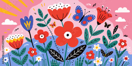 Spring cutest card or poster for the spring holiday with wildflowers, Narcissus flower, Crocus flowers. Hand drawn crayon Floral art template for Womens Day March 8, Easter, birthday and Mothers Day