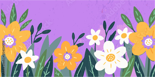 Spring cutest card or poster for the spring holiday with wildflowers, Narcissus flower, Crocus flowers. Hand drawn crayon Floral art template for Womens Day March 8, Easter, birthday and Mothers Day