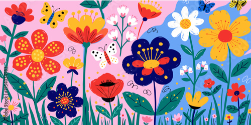 Spring cutest card or poster for the spring holiday with wildflowers, Narcissus flower, Crocus flowers. Hand drawn crayon Floral art template for Womens Day March 8, Easter, birthday and Mothers Day