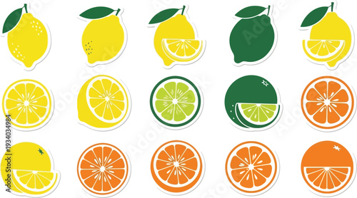 Various citrus fruits including lemons, limes, and oranges are shown whole.