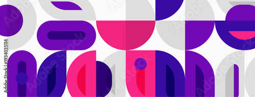 Abstract geometric design. Overlapping circles, rectangles create modern pattern. Purple, pink hues dominate white background. Minimalist style.