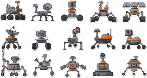 Assortment of stylized space exploration rovers displays various technical.