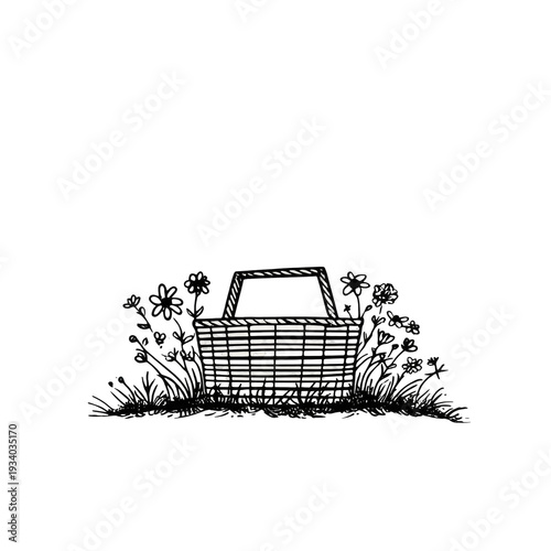 A black and white image of a basket resting amongst grass and flowers