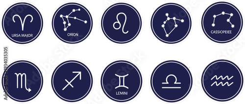 Astrology zodiac signs and constellations are presented in dark blue.