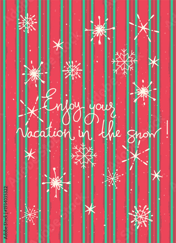 Winter holidays concept. Winter resort ad. Greeting card, banner. Cartoon-style winter cottage in the snow, fir trees.