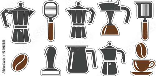 Collection of stylized coffee brewing equipment and beans are displayed.
