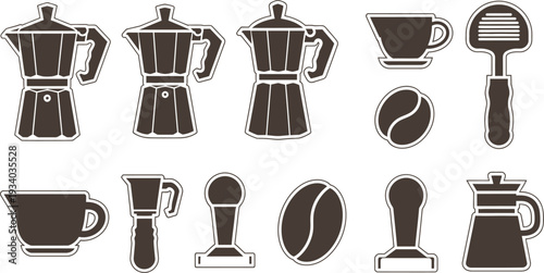 Collection of dark silhouette coffee making tools features moka pots.