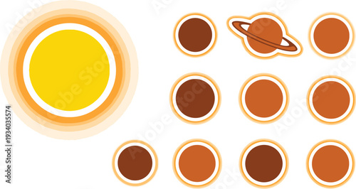 Solar system icons display the sun and various planets in a simple graphic.