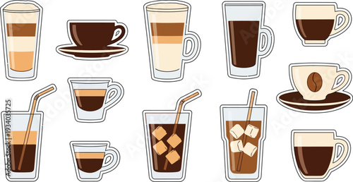 Various coffee beverages are displayed in clear glasses and ceramic cups.