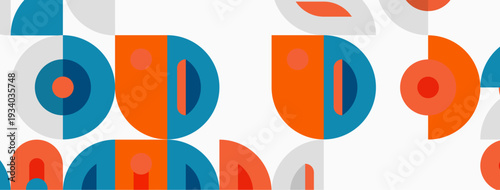 Geometric pattern features overlapping circles, semicircles, vibrant orange, blue hues. Minimalist design creates playful, modern aesthetic.
