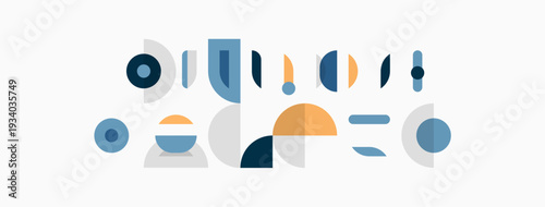 Abstract geometric shapes, muted colors, minimalist design. Composition features circles, arcs, triangles, rectangles. Clean aesthetic.