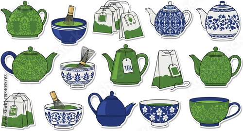 Assorted green and blue teapots, tea bags, and bowls of matcha illustrate.