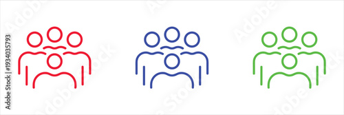 Red blue and green outline icons representing groups of people team community