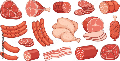 Meat Products Collection Cartoon Vector Illustration Set with Sausages Ham Bacon and Salami