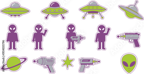 Various cartoon alien figures, flying saucers, and ray guns populate this.