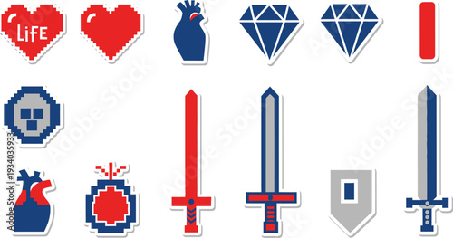 Pixelated video game icons feature swords, hearts, diamonds, and life.