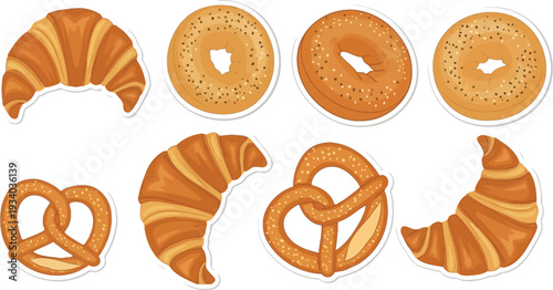 Assorted baked goods stickers include croissants, bagels, and pretzels for.