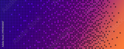 Neon AI pixel gradient bg. Blue, pink and orange gradient background. Abstract digital pattern with dot elements grid. Vibrant cyber futuristic texture. Modern vector illustration.