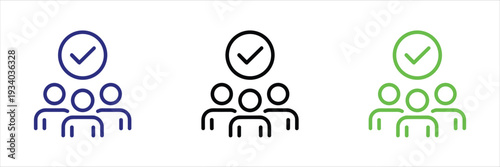 Three icons representing a group of people with a checkmark symbol above on white Keywords: group, people, icon, set, checkmark