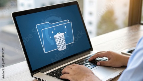 A person uses a laptop displaying a recycle bin icon with folders, symbolizing file deletion or data recovery on a wooden desk by a window.