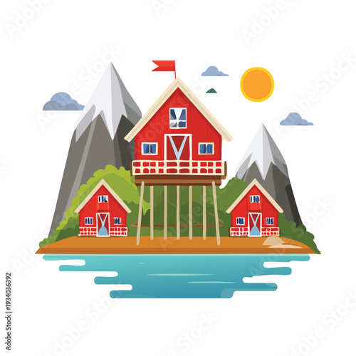 Red cabins on stilts by water with mountains and sun illustration