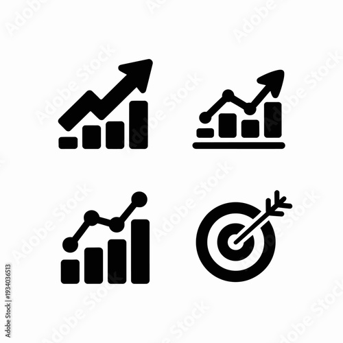 Four black representing business growth and target achievement with bar graphs and arrows