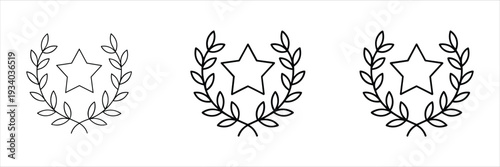 Three laurel wreath icons with stars in black outline and varying line weights symbol award