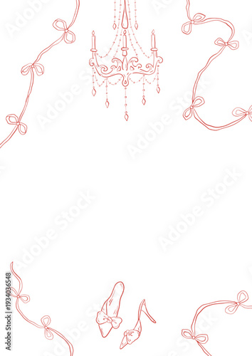 Rococo aesthetics. Hand drawn whimsy line art vintage frame with candelabrum, shoes and wavy ribbon and bows. Charming red card template for design invitation, greeting card