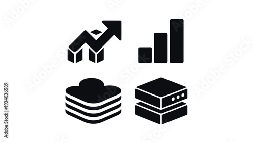 Four black representing growth, data, cloud storage, and server technology arrow